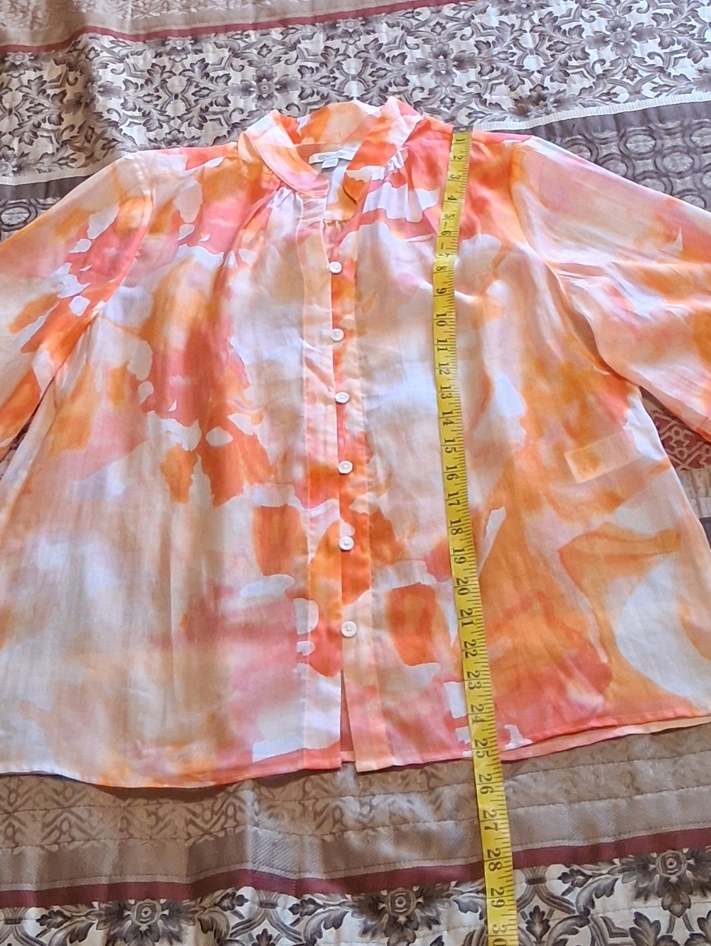 Chico's Orange Watercolor Button-Front Blouse Puff Sleeve Lightweight‎ Sz1(8) - Picture 7 of 12